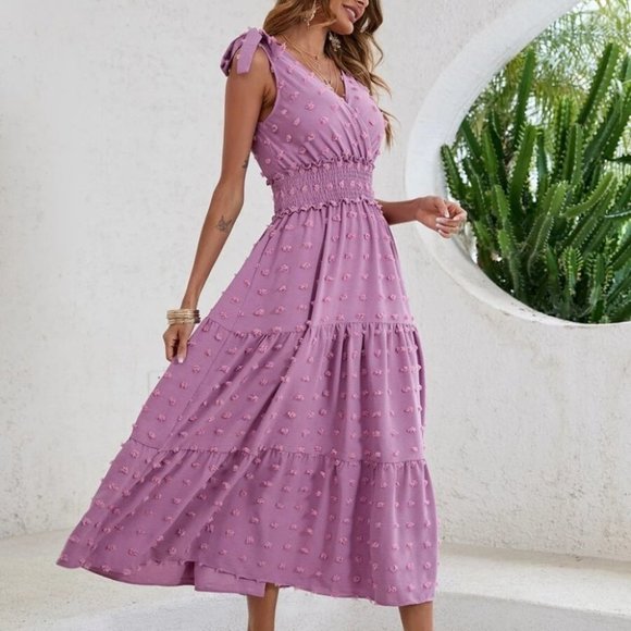 Swiss Dot Tie Shoulder V Neck Shirred Waist Dress purple - Picture 5 of 7